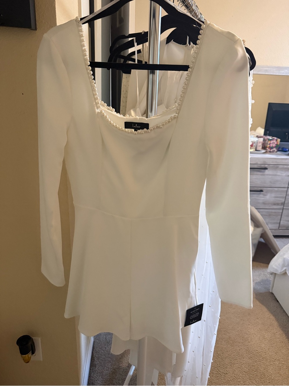 Lulu's White Pearl-Trim Long Sleeve Romper
